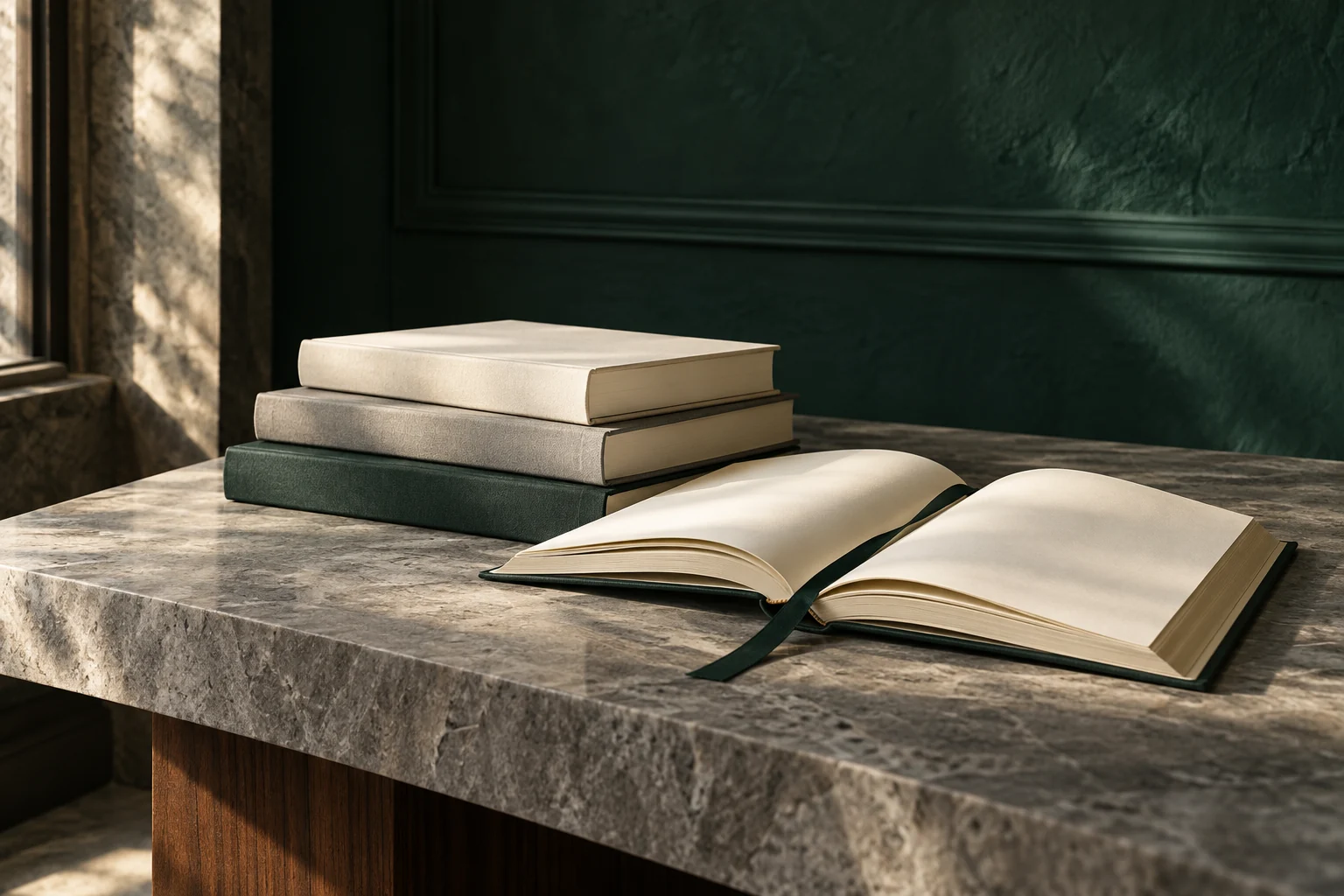 Libri e quaderno su un tavolo in pietra in uno studio verde bosco