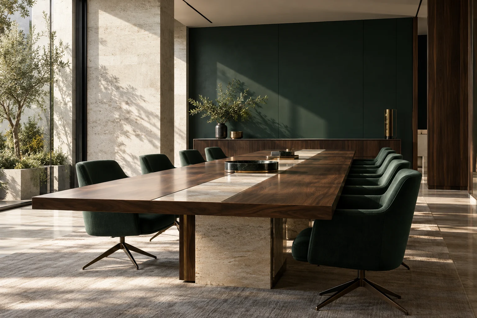 Sala direzionale contemporanea, noce e verde bosco