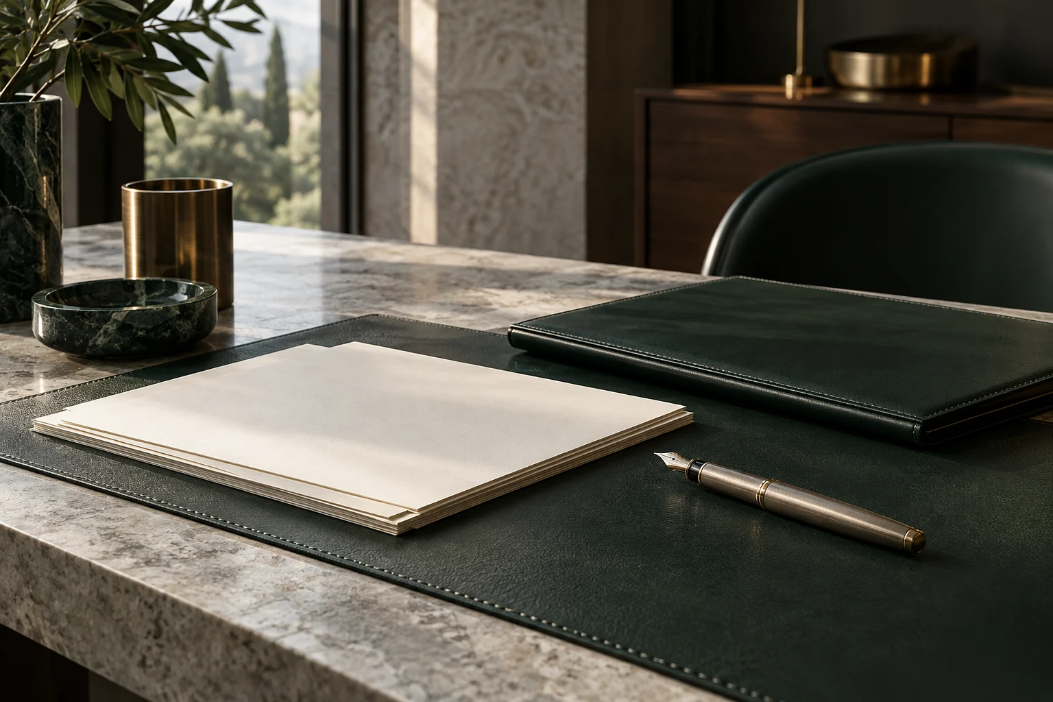 Scrivania direzionale con documenti e materiali in verde e pietra